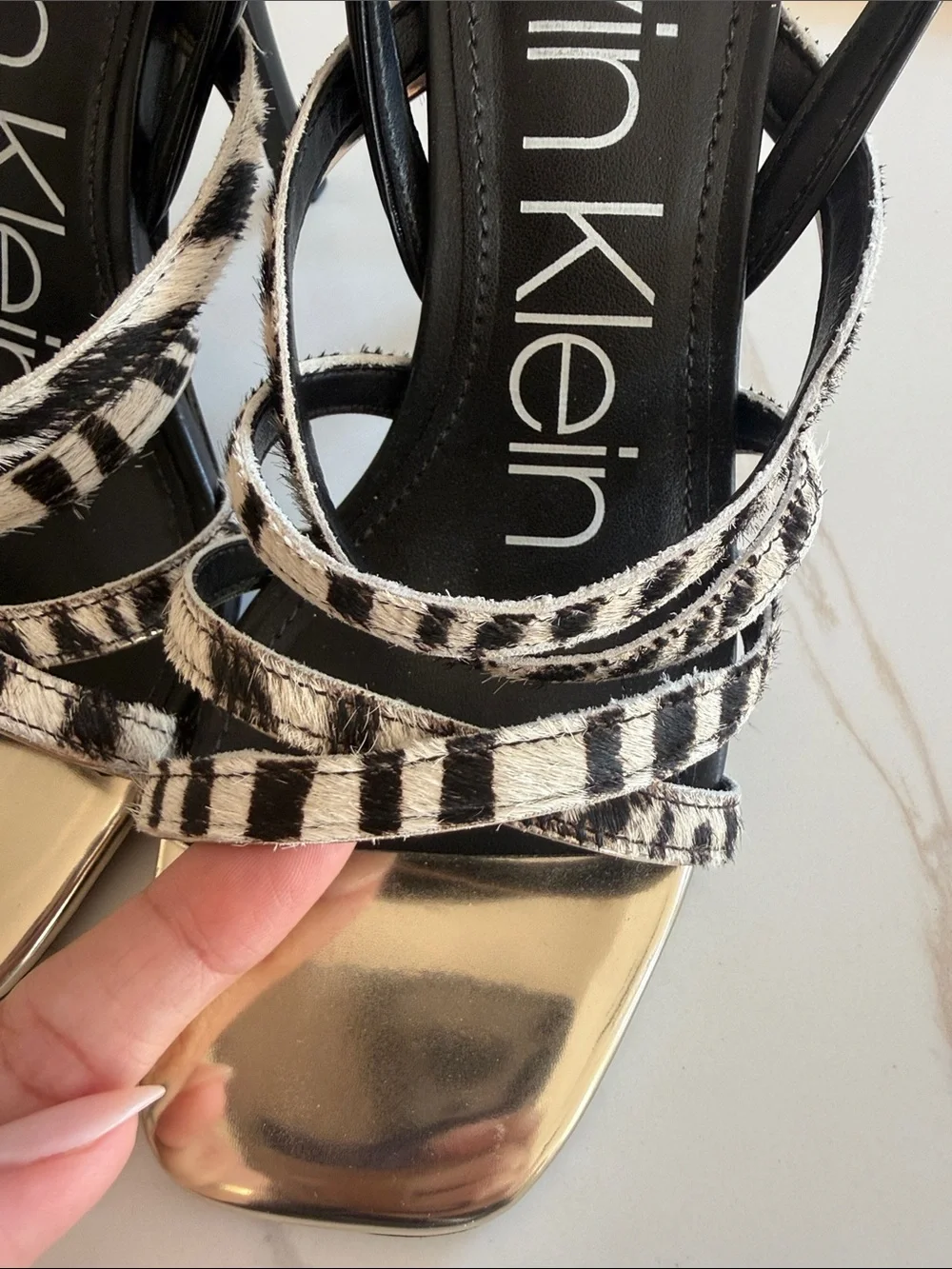 Calvin Klein Black & White Zebra Strap Heels with Gold Toe Cap